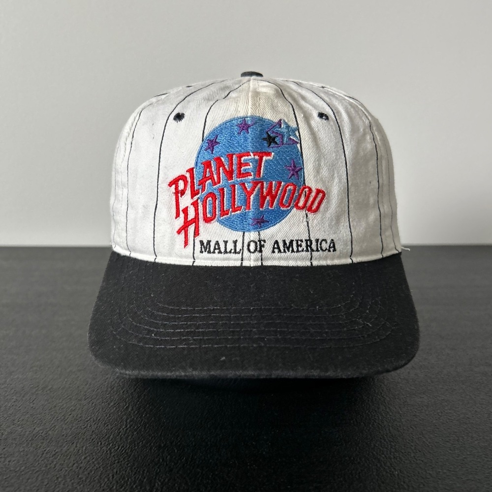 Vintage 90s Planet Hollywood Hat Cap Snap Back Adjustable White Pin Stripe Adult